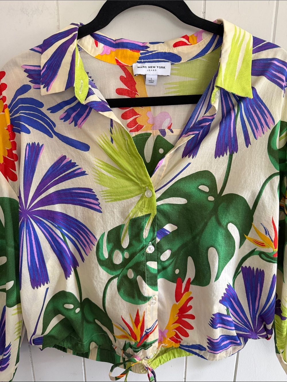 Marc New York Tropical Print Button-Front Blouse Cotton Resort Vacation Size L - Picture 2 of 13